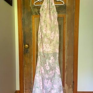 Cream dress with embroidered pink floral overlay. Sheer from knees down.